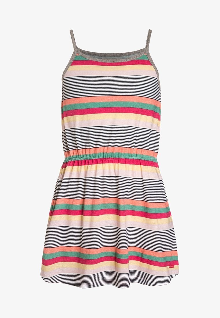Robe décontractée sans manches avec fines bretelles, taille élastique, et rayures horizontales en noir, rose, vert, orange, jaune et beige.