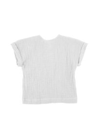 Leichtes, strukturiertes, weißes Baumwolloberteil mit lockerer Passform, kurzen Ärmeln und rundem Halsausschnitt. Weicher, zerknitterter Stoff durchgehend.