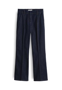 Pantalons en denim bleu foncé avec une coupe large, présentant des poches avant, une taille plate et des coutures contrastées orange le long des coutures.