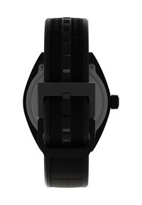 Melns Timex pulkstenis ar strukturētu gumijas siksniņu, taisnstūra korpusu un nerūsējošā tērauda aizmuguri. Ievērojamas detaļas ietver iegravētu zīmola nosaukumu un kroni.