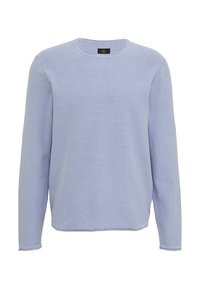 Camicia a maniche lunghe blu chiaro realizzata in tessuto morbido. Presenta un taglio rotondo sul collo e una vestibilità rilassata, con cuciture visibili lungo l'orlo e le maniche.