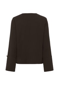 Veste long-sleeve marron foncé avec larges poignets et détail de boutons dorés sur les manches, vue de dos sur un fond blanc.
