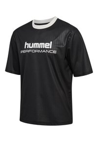 Black performance t-shirt with short sleeves, featuring a white crew neck and large white “hummel PERFORMANCE” logo on the front.