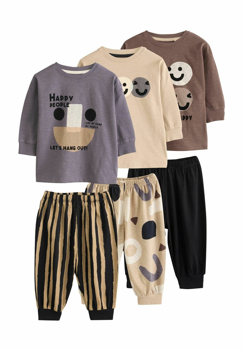 Set aus drei Langarmshirts (lavendel, beige, braun) mit verspielten Grafiken und drei Hosenpaaren mit verschiedenen Mustern, einschließlich Streifen und Punkten.