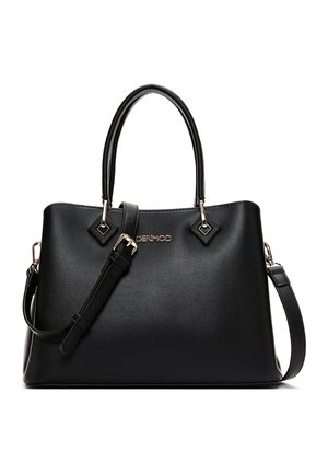 Bolso de mano de piel negra con doble asa, correa de hombro ajustable y herrajes en tono dorado, con el nombre de la marca "DERIMOD" en el frente.