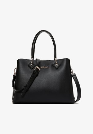Bolso de mano de piel negra con doble asa, correa de hombro ajustable y herrajes en tono dorado, con el nombre de la marca "DERIMOD" en el frente.