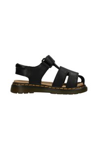 Svart lær sandaler med utskårne sider, tykk brun såle, justerbar spenne, og kontrastfarget gul søm langs sålen.