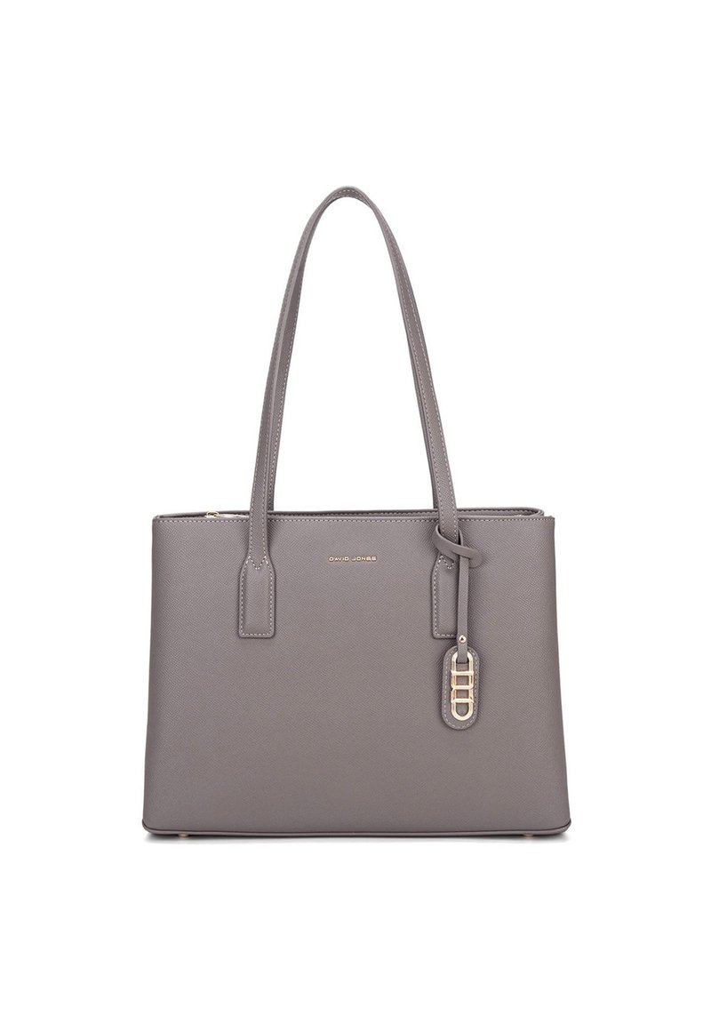 Borsa in sintetico grigia con due manici lunghi, chiusura con zip e un'etichetta decorativa in tonalità dorata. Texture liscia e forma strutturata.