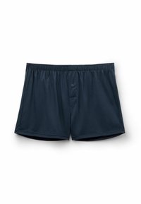 Granatowe bawełniane szorty bokserskie z elastycznym paskiem w talii, pojedynczym zapięciem na guzik oraz małym detalem kieszonkowym z przodu dla większego komfortu.