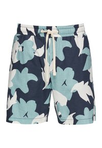 Heren zwemshorts in marineblauw met grote witte en lichtblauwe bloemenpatronen. Gemaakt van lichtgewicht stof met een elastische tailleband met trekkoord.