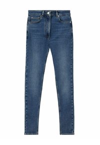 Jeans slim-fit in denim blu scuro. Caratterizzati da cinque tasche, passanti per cintura e chiusura con bottone metallico. Texture liscia con una leggera scoloritura.