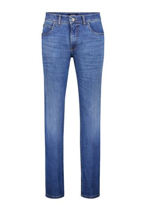 Herren Straight-Leg blaue Denim-Jeans mit vorderem Knopf und Taschen, vor weißem Hintergrund dargestellt.