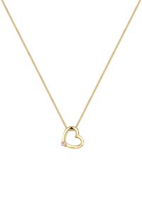 Goldenes herzförmiges Halsband mit einer zarten Kette, das auf einer Seite einen kleinen rosa Edelsteinakzent aufweist. Glatte Metalloberfläche.