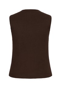 Dunkelbraune ärmellose Strickweste mit hohem Rundhalsausschnitt und einfachem geradem Saum, von hinten gezeigt.