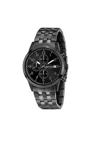 Orologio cronografo in acciaio inox nero con quadrante nero, indici delle ore bianchi, tre quadranti secondari e bracciale a maglie. Marchio Sector in rosso.