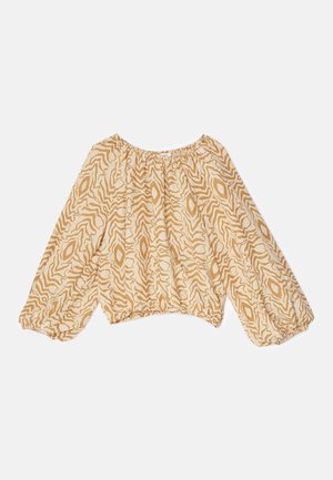 Blusa ligera de color beige con un patrón abstracto en tonos más oscuros y en forma de ondas. Presenta un escote fruncido y mangas amplias con elástico.
