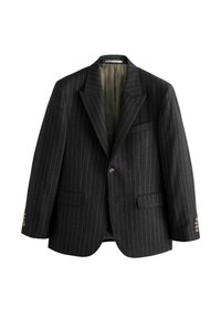 Donkergrijze pinstripe blazer met een notch-lapel, enkele gouden knoopsluiting, twee voorkantzakken en een gladde groene voering.