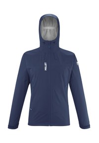 Veste de pluie bleu marine avec capuche, fermeture éclair à l'avant, cordons de serrage réglables, deux poches latérales et un logo sur la poitrine et la manche.