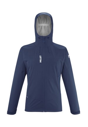 Veste de pluie bleu marine avec capuche, fermeture éclair à l'avant, cordons de serrage réglables, deux poches latérales et un logo sur la poitrine et la manche.