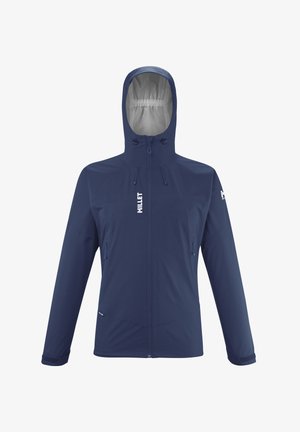 Veste de pluie bleu marine avec capuche, fermeture éclair à l'avant, cordons de serrage réglables, deux poches latérales et un logo sur la poitrine et la manche.