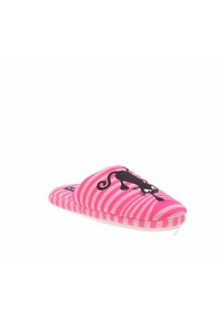 Pantofole a strisce rosa con design di un gatto nero, in tessuto morbido, con punta arrotondata e suola imbottita per il comfort.