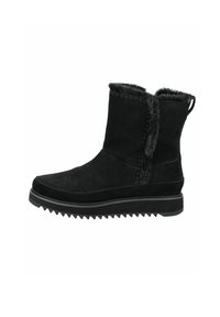 Botas de tobillo de ante negro con un forro de piel de textura, detalles de costura y una suela de goma resistente con un borde serrado.