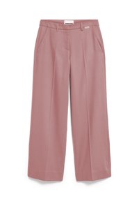 Weite Hosen aus weichem, pinkem Stoff. Mit frontalen Taschen und einer taillierten Taille mit einem Markenlabel am Bund.