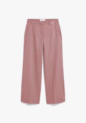 Wide-legged trousers in soft pink fabric. Features front pockets and a tailored waist with a brand label on the waistband.