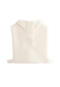 Cremekleurige, pluche fleece vest met capuchon, voorzien van een gladde textuur en een verstelbare band aan één kant.