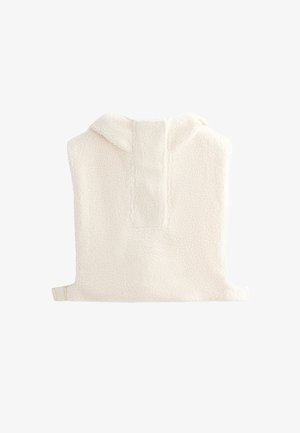 Gilet in pile color crema, morbido e felpato, con cappuccio, caratterizzato da una texture liscia e una cintura regolabile su un lato.