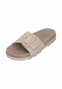 Beige slide sandal made of soft suede, featuring a wide strap with a rectangular buckle and a textured outsole for grip and comfort.