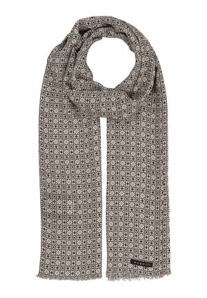 Light brown scarf with geometric diamond and square pattern, fringed edges, and a small black "bugatti" label.