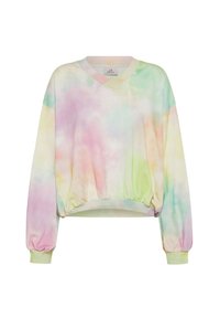 Mikina s výstřihem do V, oversized střihu, v batikovaném vzoru s pastelovými barvami růžové, zelené a žluté. Měkká tkanina s elastickým zakončením a manžetami.