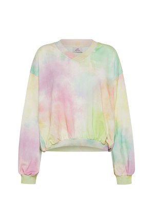 V-hals, oversized sweatshirt in een tie-dye patroon met pastelroze, groen en gele kleuren. Zachte stof met elastische onderrand en manchetten.