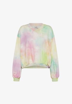 Hanorac supradimensionat cu decolteu în V, prezentând un model tie-dye cu nuanțe pastel de roz, verde și galben. Material moale, cu tiv și mansete elasticizate.