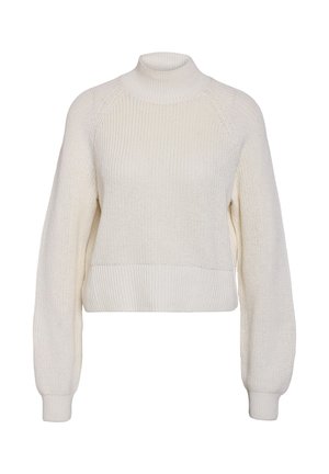 Pull en tricot de couleur crème avec un col haut, de longues manches bouffantes et des poignets et un ourlet côtelés.