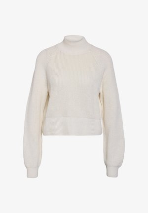 Pulover tricotat de culoare crem, cu guler înalt, mâneci lungi bufante și manșete și tiv cu model din jerseu.