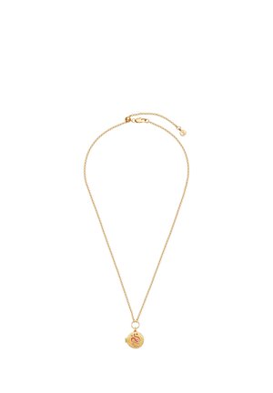 Delicate gold chain necklace with a small round locket pendant featuring a red and orange abstract design.