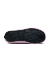 Pink felt slipper with a black natural rubber sole. The sole features a textured grip pattern and curved contours for comfort.