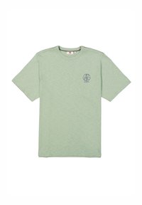 Lichtgroene, kortgemouwde T-shirt gemaakt van zachte stof. Heeft een klein blauw logo op de linkerborst. Klassiek ronde hals ontwerp.