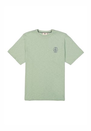 Hellgrünes, kurzärmeliges T-Shirt aus weichem Material. Verfügt über ein kleines blaues Logo auf der linken Brustseite. Klassisches Rundhalsausschnitt-Design.