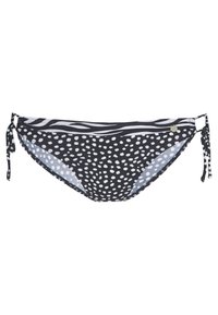 Parte de baixo de biquíni preto e branco com padrão de bolinhas, listras de zebra na parte superior, laços laterais e um acabamento de tecido texturizado.