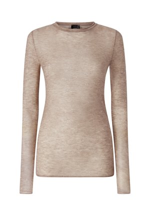 Haut beige à manches longues en tissu tricot doux, présentant un subtil effet scintillant et un col rond.