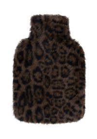 Brown faux fur hot water bottle cover with a black leopard print pattern, high collar design, and soft, textured finish.
