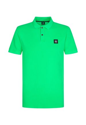 Green polo shirt made from smooth fabric, featuring a three-button placket and a small black label on the chest with a logo.