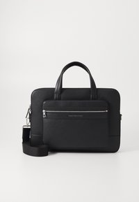 Black leather laptop bag with dual top handles, detachable shoulder strap, front zipper pocket, and silver hardware detailing.