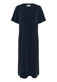 Abito t-shirt blu navy, maniche corte, colletto tondo, vestibilità rilassata, aperture laterali, tessuto morbido, lunghezza al ginocchio, design minimalista.