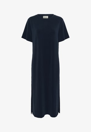 Tumši zils T-krekla kleita, īsām piedurknēm, apaļš kakla izgriezums, brīva piegriezuma, sānu šķēlumi, mīksta auduma, ceļa garuma, minimālisma dizains.