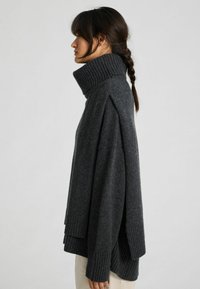 Naine tumedate palmikutega, seljas lahtine tumehall kõrge kaelusega kampsun, millel on laiad varrukad, seisab profiilis tavalise tausta ees.