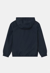 Chaqueta de navy con capucha y puños y dobladillo elásticos, hecha de una tela ligera y suave. Presenta un diseño simple y minimalista sin adornos.